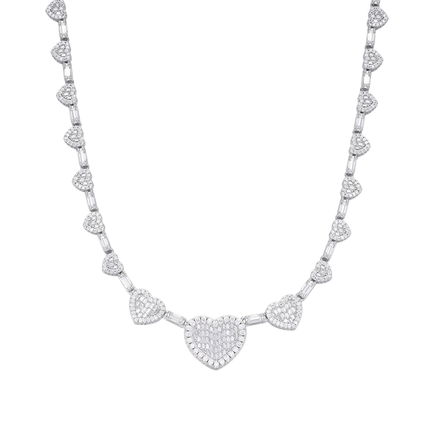 Sterling Silver Round Baguette Moissanite Heart Designer 18 Inch Necklace RP 14-5/8 Cttw