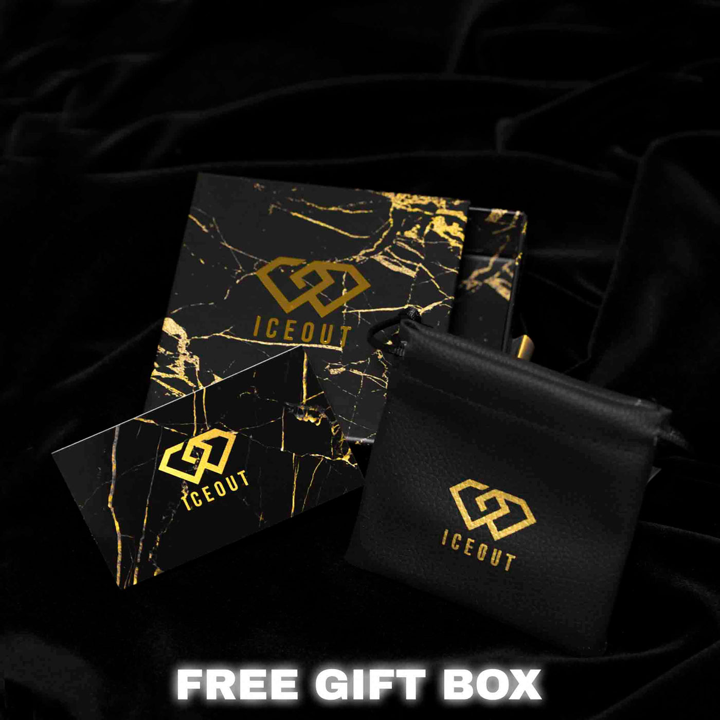 Black and yellow gift packaging that includes a box, dust bag and business card with Ice Out Logo. 