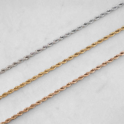 Layout of stainless steel rope chains finishes in 14k yellow gold, rose gold and white gold 