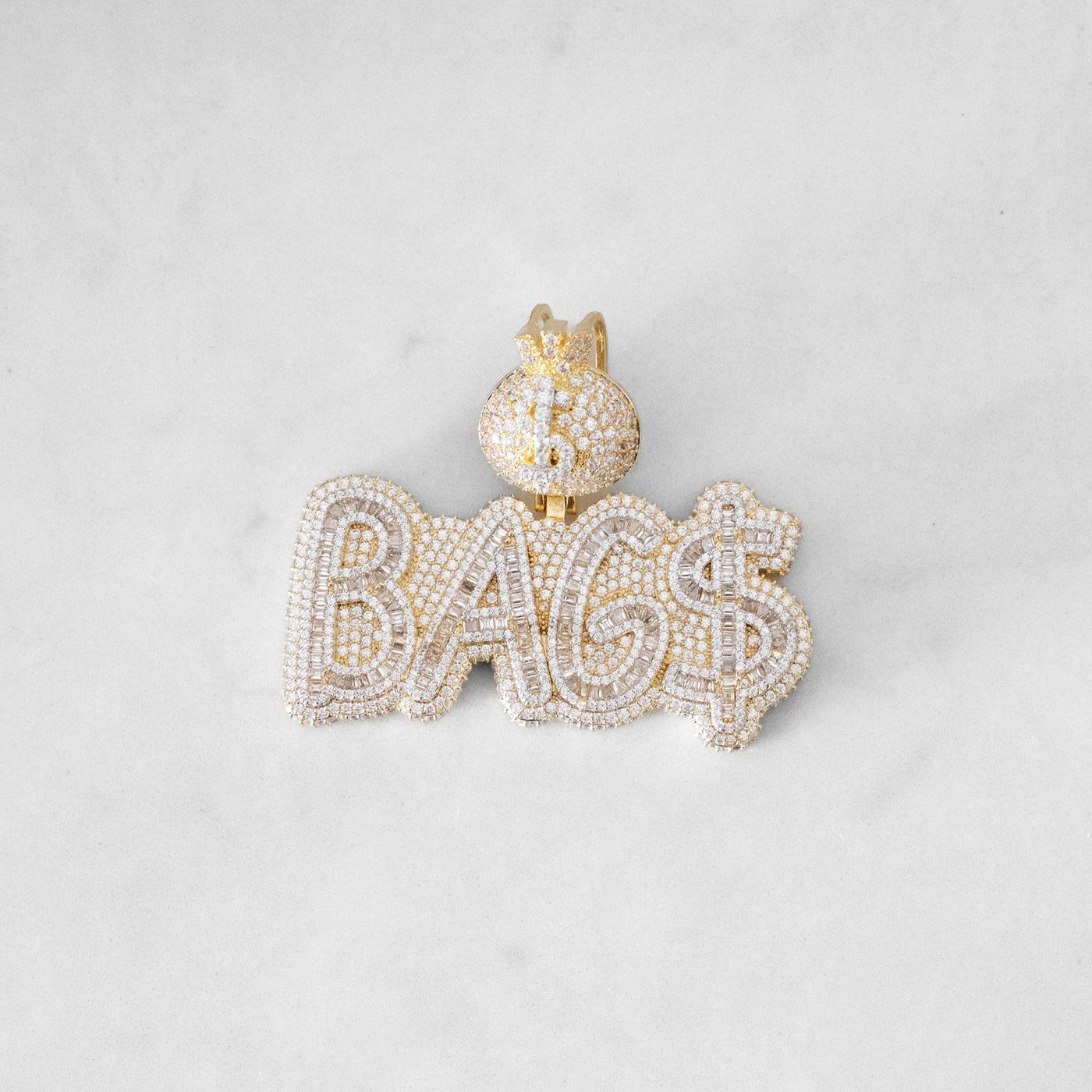 14k - "BAG$" Pendant - Ice Out NY