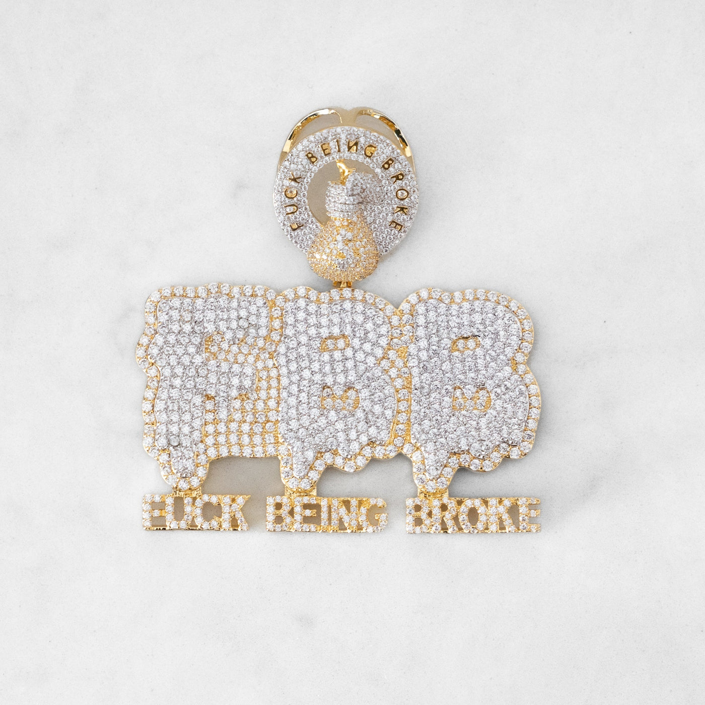 14k - Iced Pave Set "Fuck Being Broke" Pendant - Ice Out NY